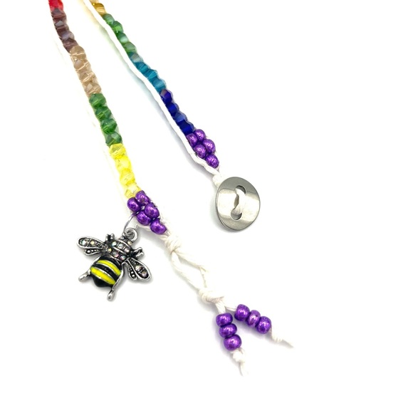 HAND CRAFTED Rainbow Ankle or Wrist Wrap Bracelet with Bumble Bee Charm - Picture 8 of 8
